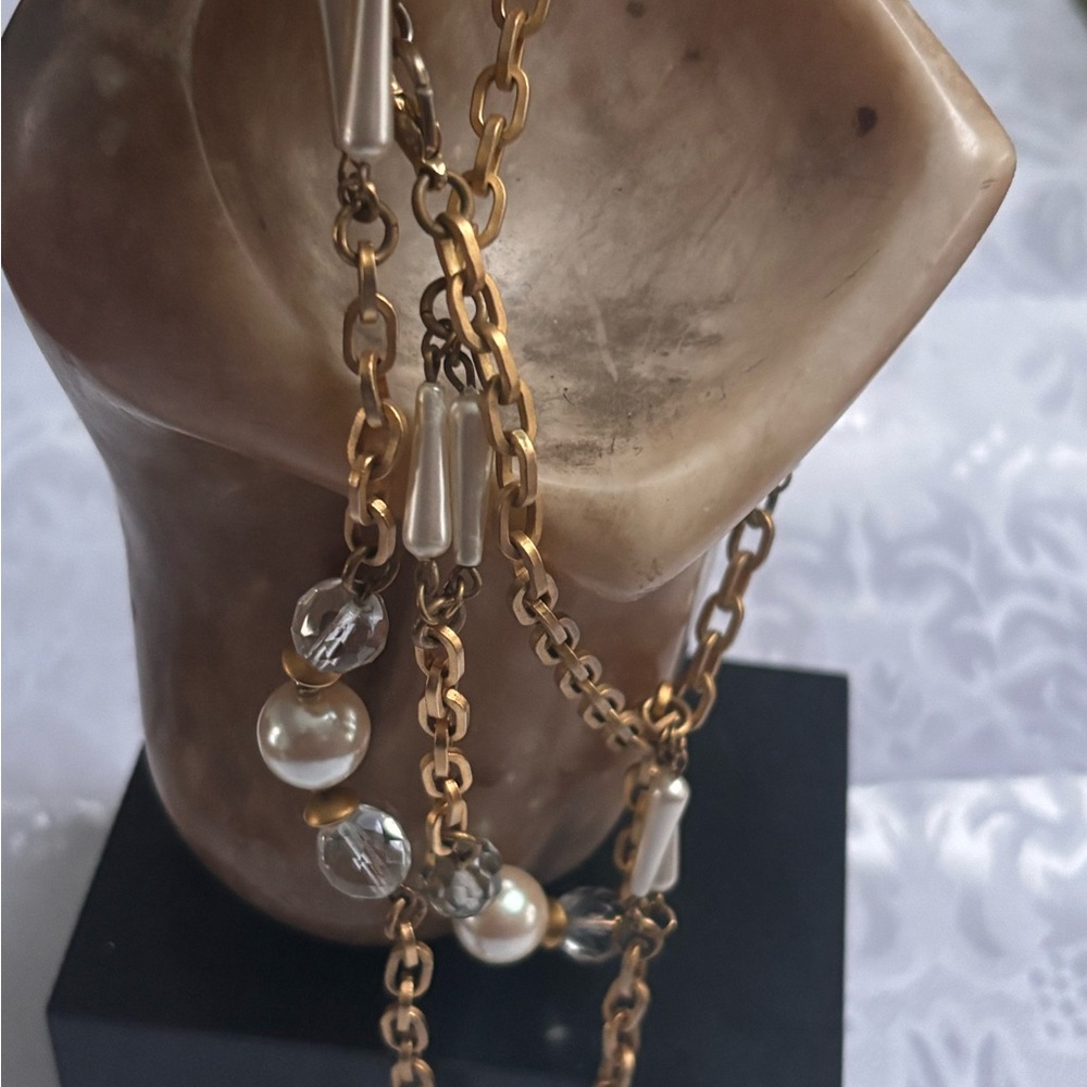 vintage gold-tone faux pearl and crystal station necklace.